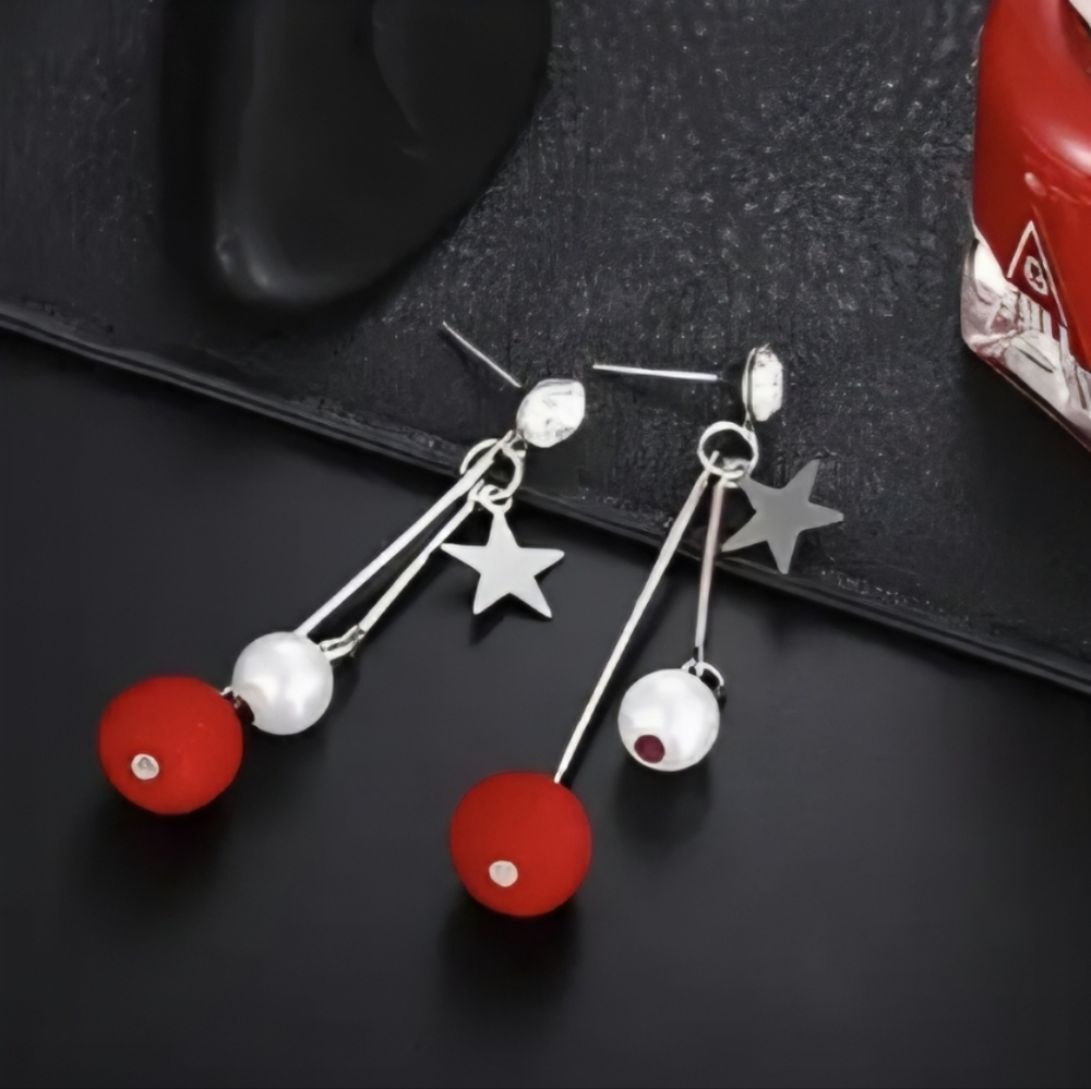 Silver Star Red Dangle Earrings